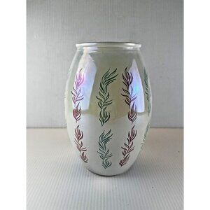 Mid Century Modern Style Art Glass Vase Translucent White w Orange & Green Vines